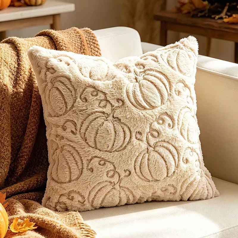 Housse de coussin d'automne en peluche, modèle citrouilles crème