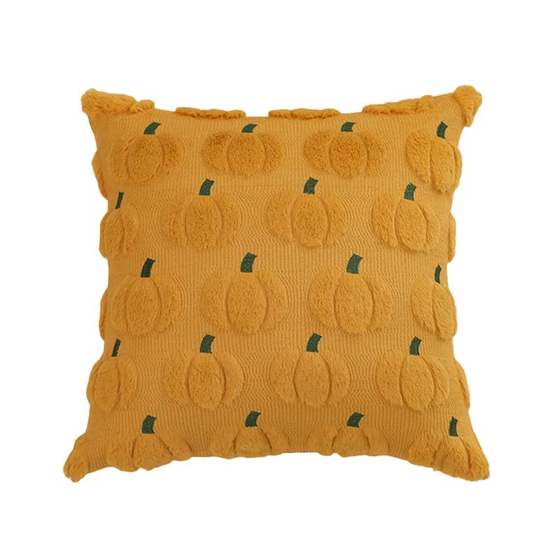 Housse de coussin d'automne en peluche, modèle citrouilles moutarde