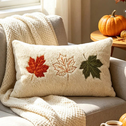 Housse de coussin d'automne en peluche, modèle érable brodé, 30 x 50 cm