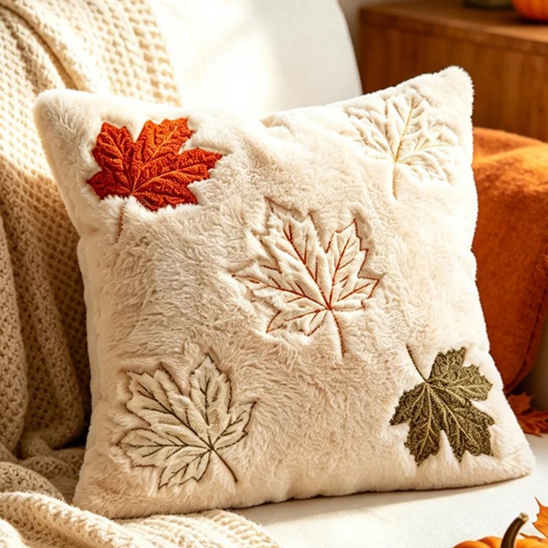 Housse de coussin d'automne en peluche, modèle érable brodé