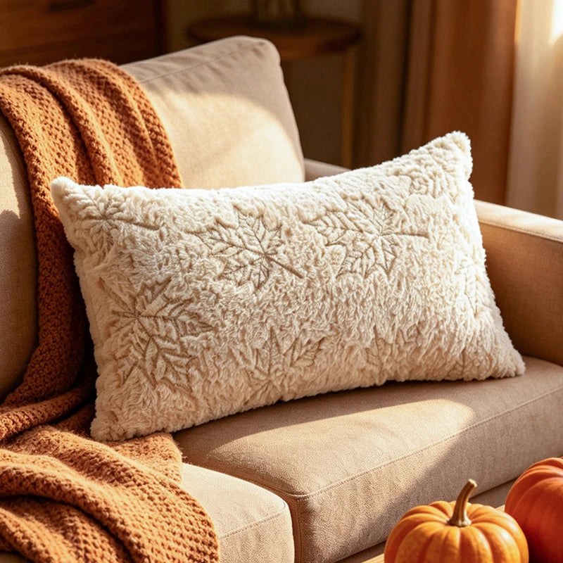 Housse de coussin d'automne en peluche, modèle feuilles d'érable crème, 30 x 50 cm