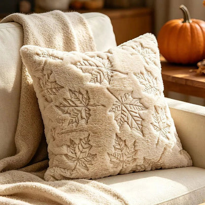 Housse de coussin d'automne en peluche, modèle feuilles d'érable crème