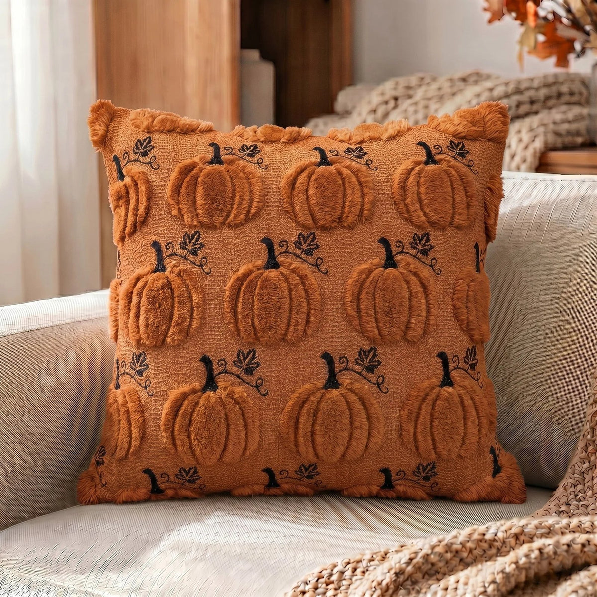 Housse de coussin d'automne en peluche, modèle grandes citrouilles rouille