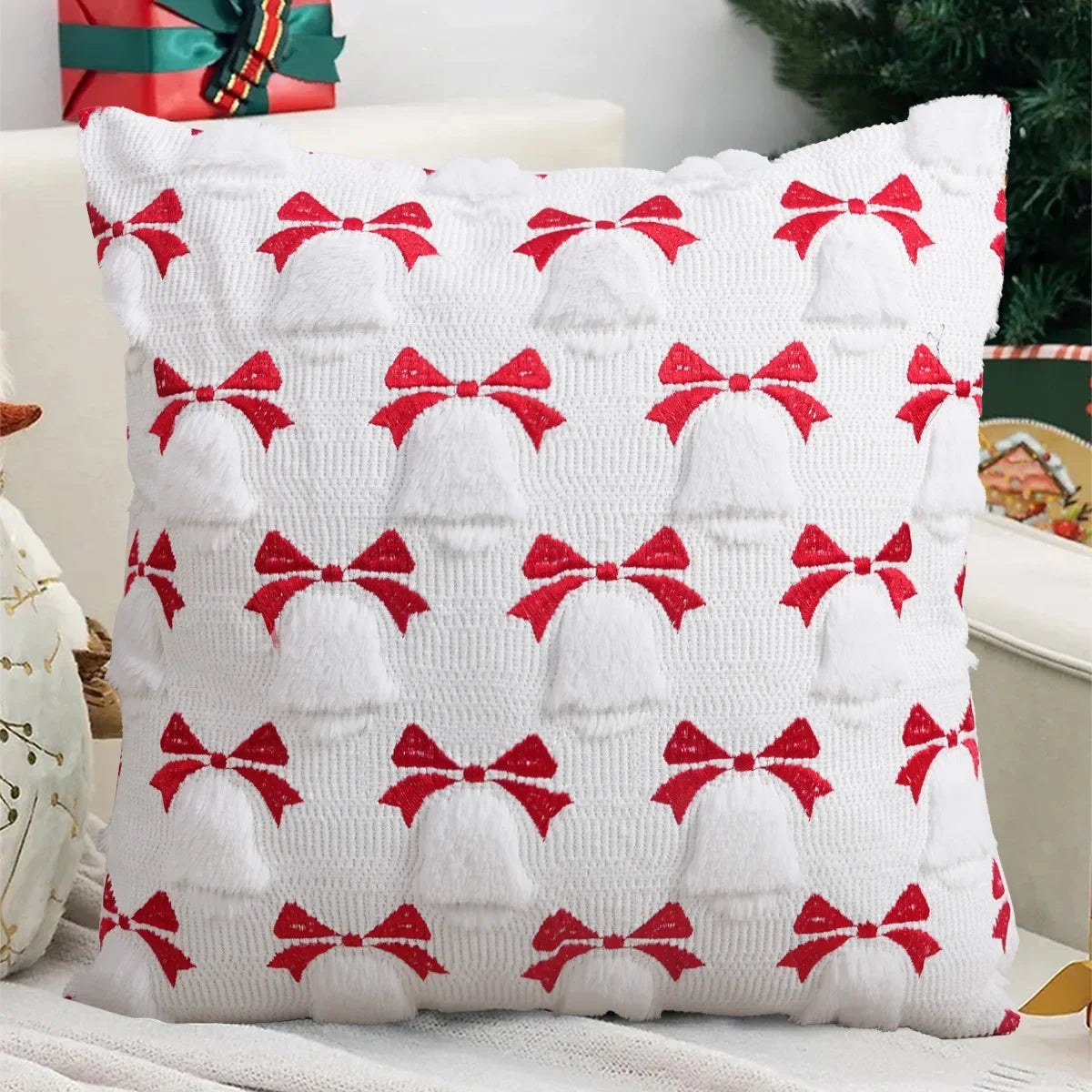 Housse de coussin de Noël 45 x 45 cm, motif cloches et nœuds