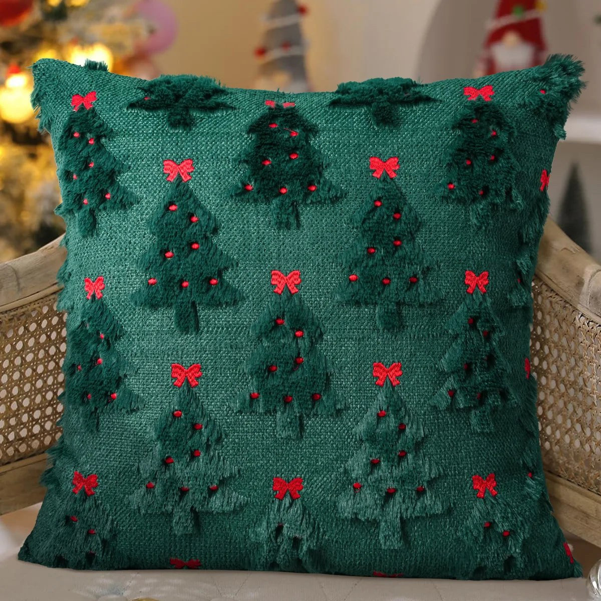 Housse de coussin de Noël 45 x 45 cm, motif sapins à nœuds rouges