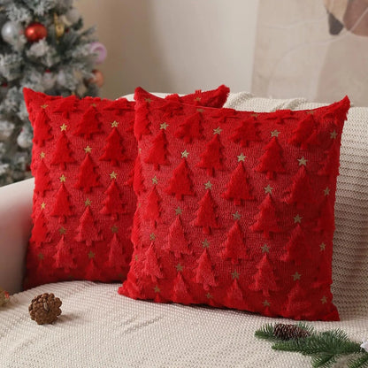 Housse de coussin de Noël 45 x 45 cm, motif sapins étoilés rouges