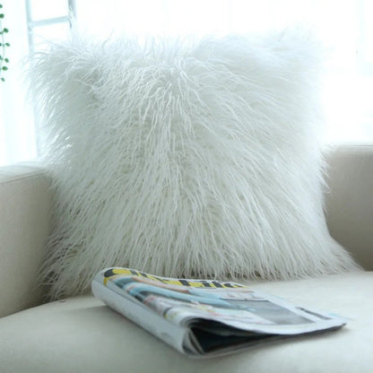Housse de coussin fausse fourrure à poils longs blanc