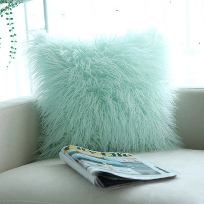 Housse de coussin fausse fourrure à poils longs vert d'eau