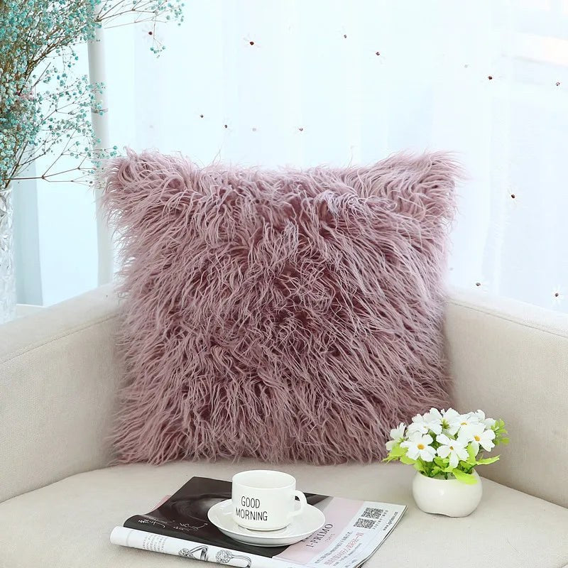 Housse de coussin fausse fourrure à poils longs vieux rose