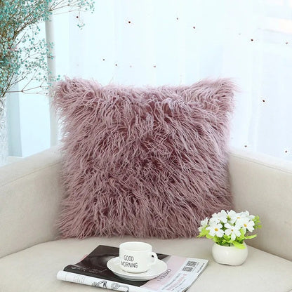 Housse de coussin fausse fourrure à poils longs vieux rose