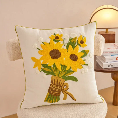 Housse de coussin fleurie brodée, motif bouquet de tournesols