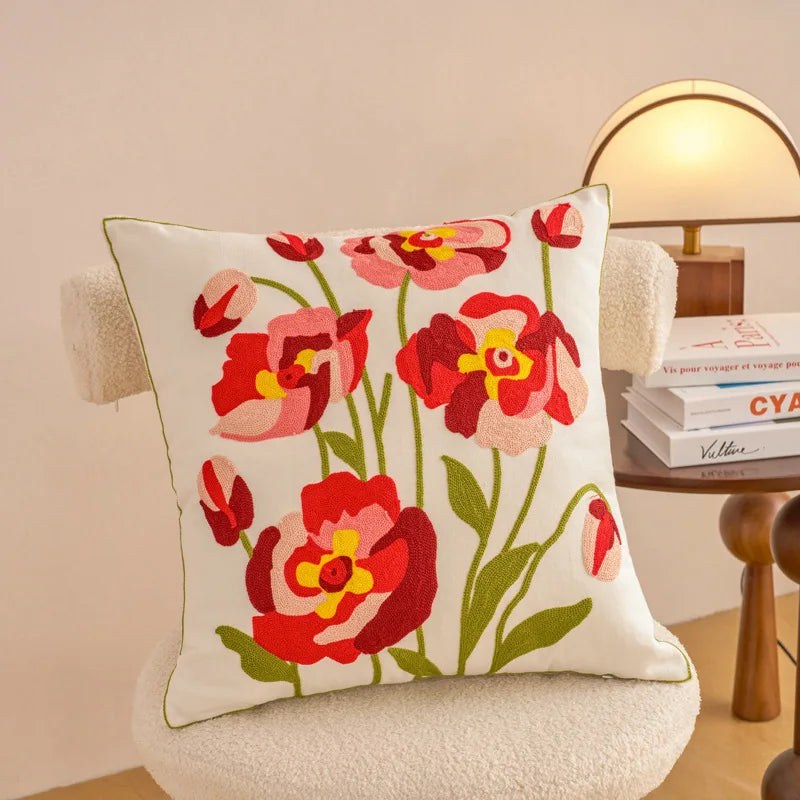 Housse de coussin fleurie brodée, motif coquelicots