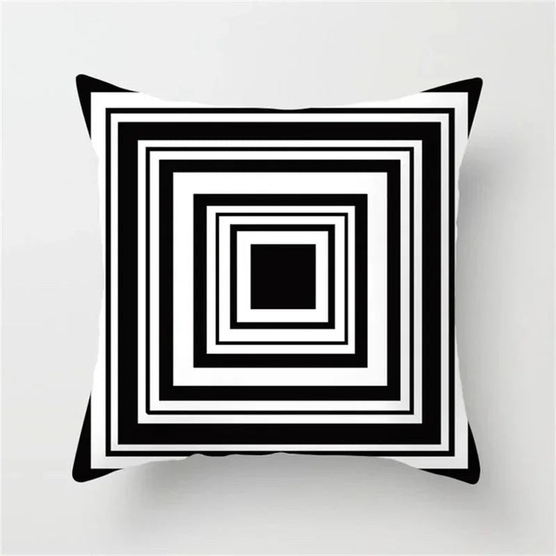 Housse de coussin noir et blanc 45 x 45 cm, motif carrés emboîtés