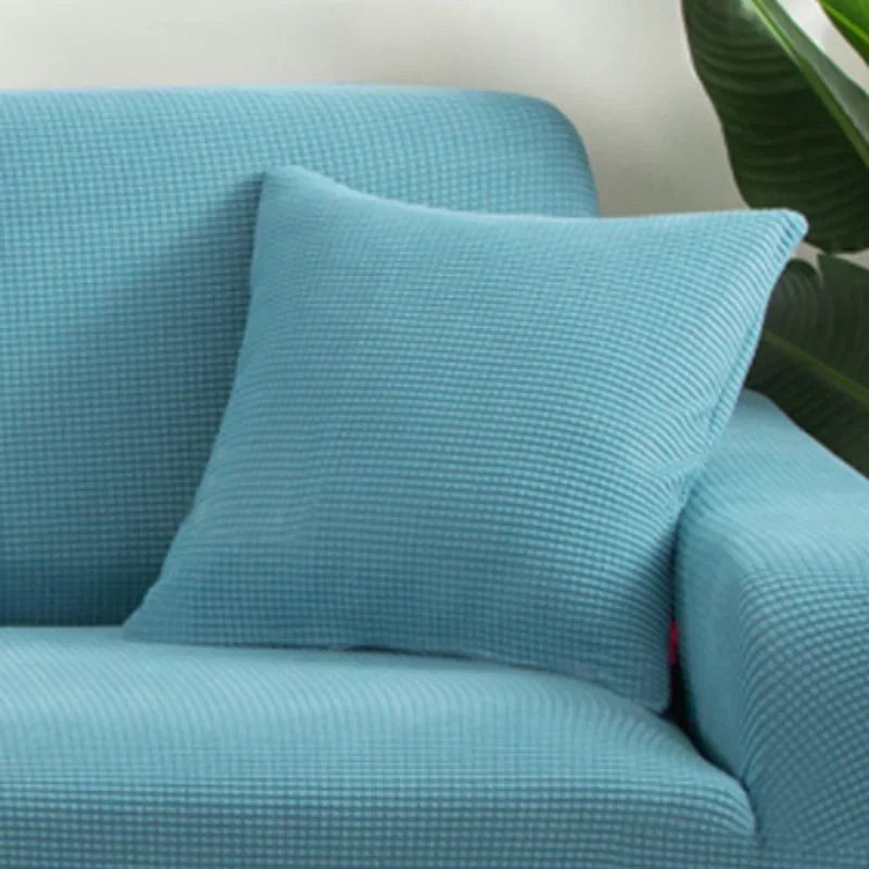 Coloris bleu ciel de la housse de coussin en maille texturée
