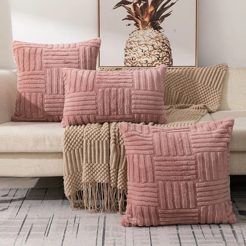 Housse de coussin rose poudré en peluche tressée, 45 x 45 cm