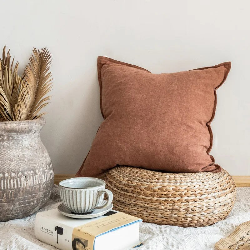 Housse de coussin terracotta unie aspect toile lavée, coloris terracotta