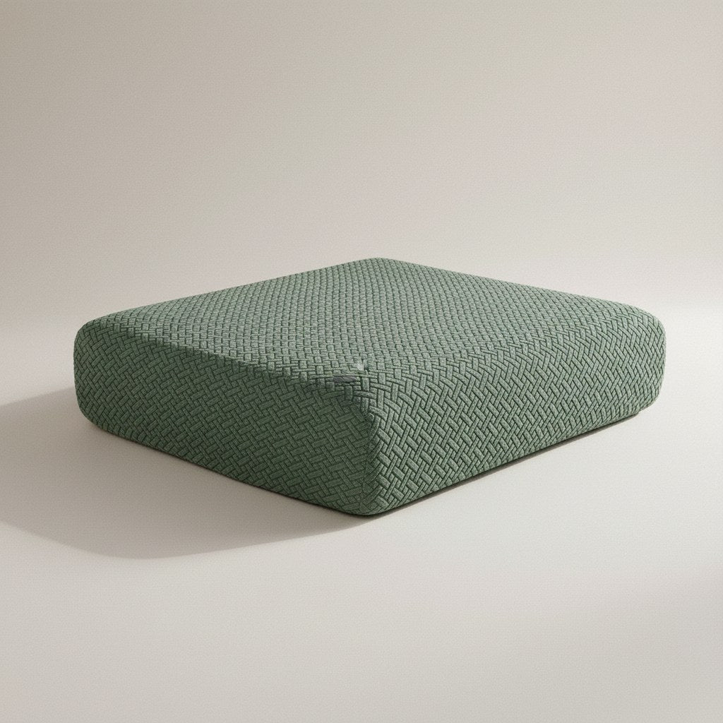 Housse extensible en jacquard vert sauge sur un coussin d'assise de canapé