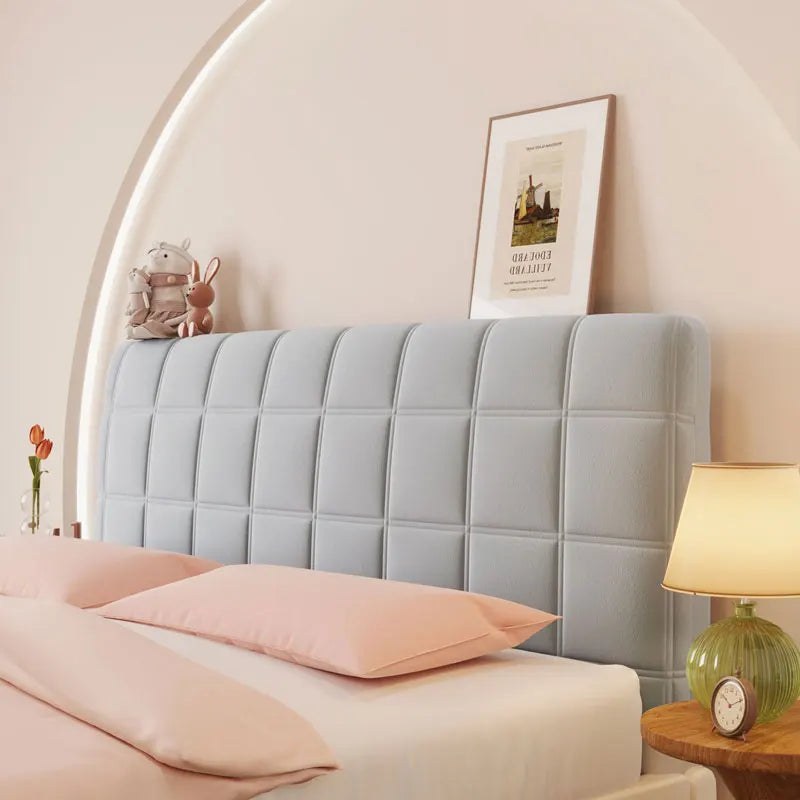 Housse de tête de lit extensible en velours, modèle grands carreaux gris bleu