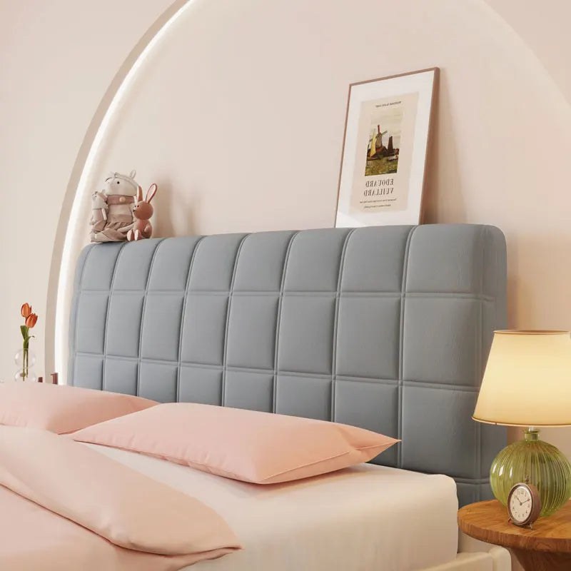 Housse de tête de lit extensible en velours, modèle grands carreaux gris