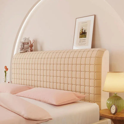 Housse de tête de lit extensible en velours, modèle petits carreaux beige