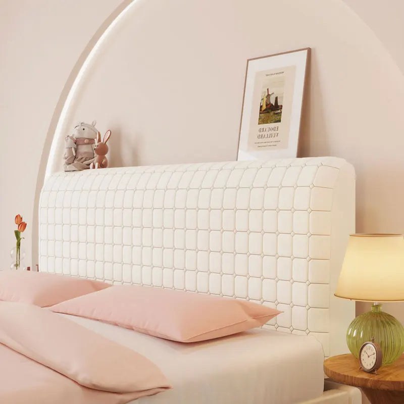 Housse de tête de lit extensible en velours, modèle petits carreaux crème