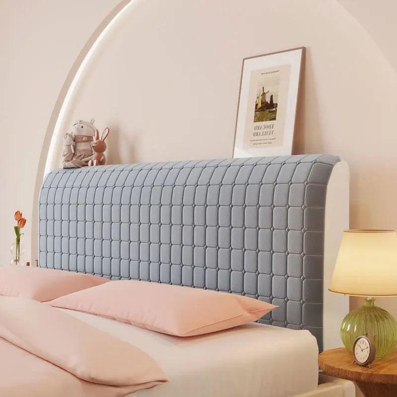 Housse de tête de lit extensible en velours, modèle petits carreaux gris bleu
