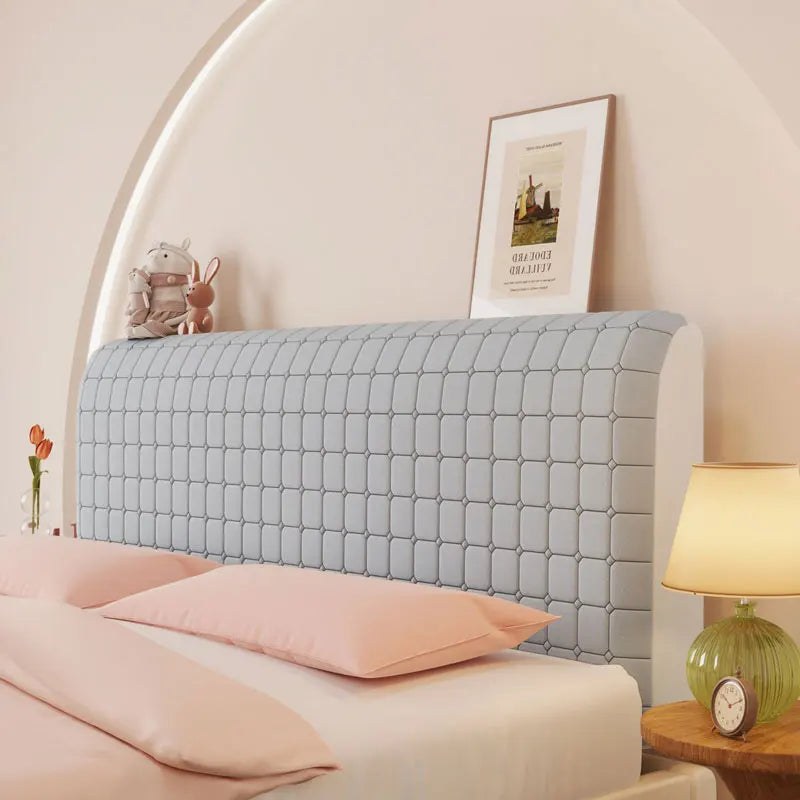 Housse de tête de lit extensible en velours, modèle petits carreaux gris clair