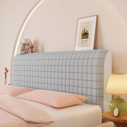 Housse de tête de lit extensible en velours, modèle petits carreaux gris clair