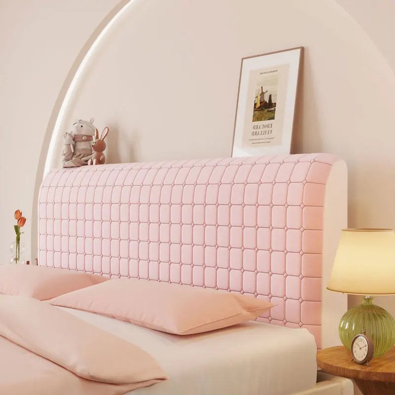 Housse de tête de lit extensible en velours, modèle petits carreaux rose