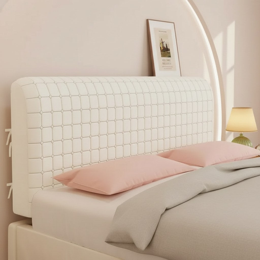 Housse de tête de lit en velours crème à petits carreaux matelassés, linge de lit rose et blanc