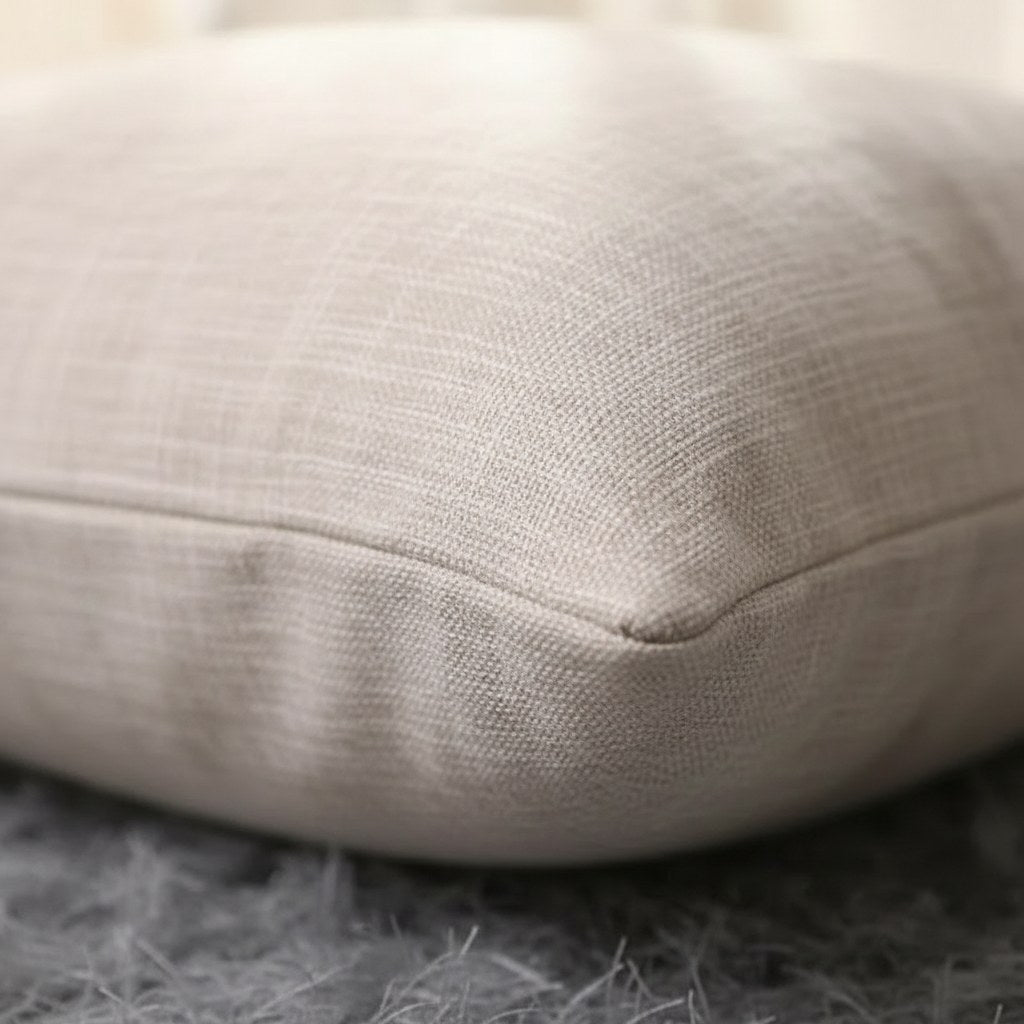 Détail du tissage aspect lin d'une housse de coussin crème