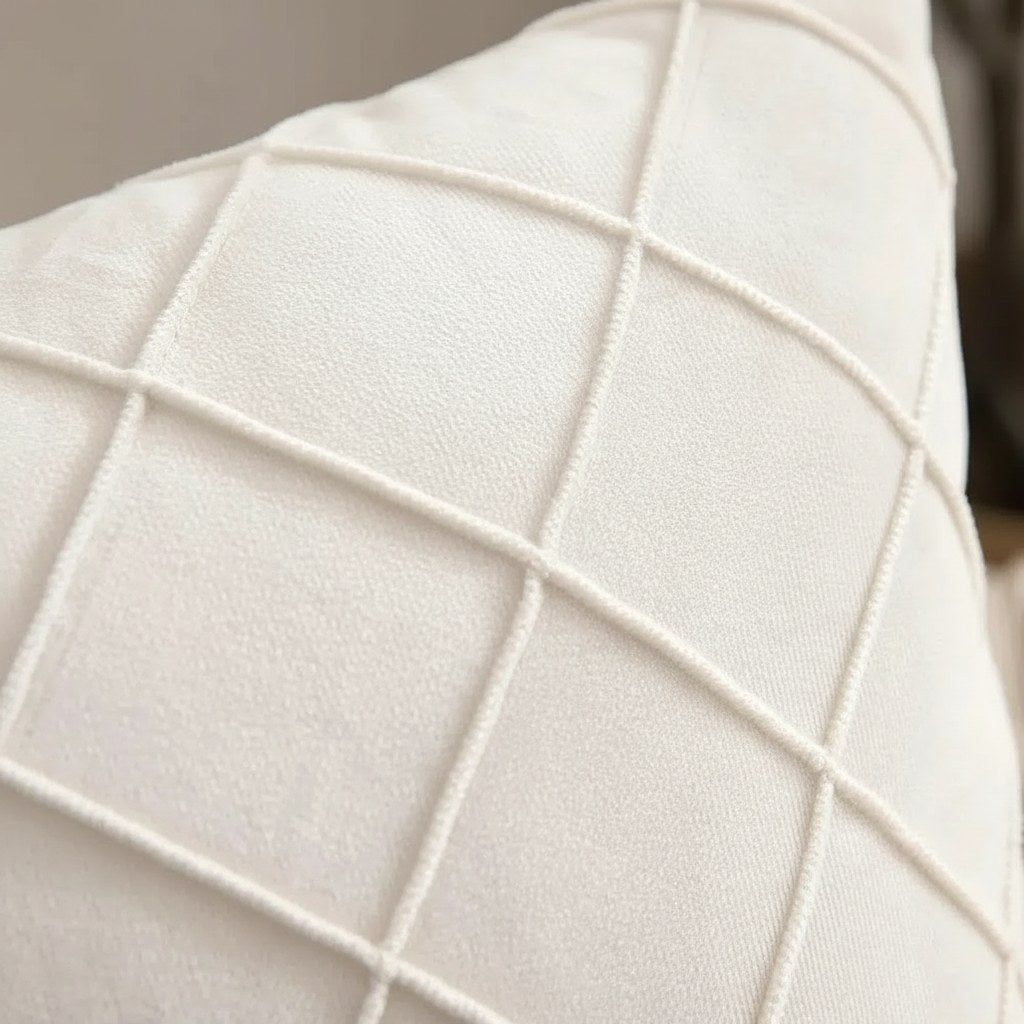 Détail des plis en losanges et du reflet du velours crème