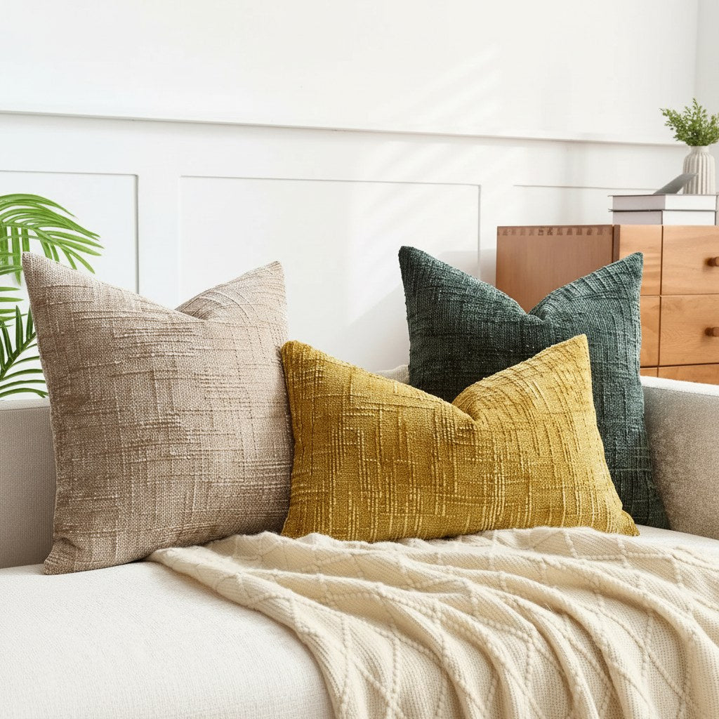 Coussins 50 x 50 cm en chenille texturée camel clair, jaune moutarde et vert sapin sur un canapé blanc