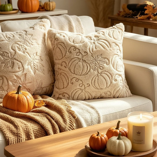 Housses de coussin d'automne en peluche crème à citrouilles et feuilles d'érable sur un canapé