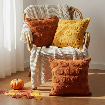 Housses de coussin d'automne rouille et moutarde à petites citrouilles dans un fauteuil en rotin