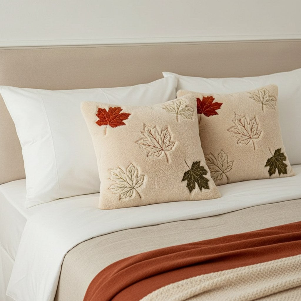 Housses de coussin d'automne brodées de feuilles d'érable sur un lit