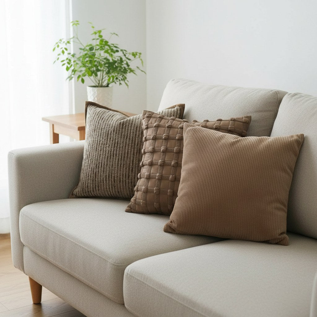 Trois housses de coussin beige et marron aux tissages texturés sur un canapé beige
