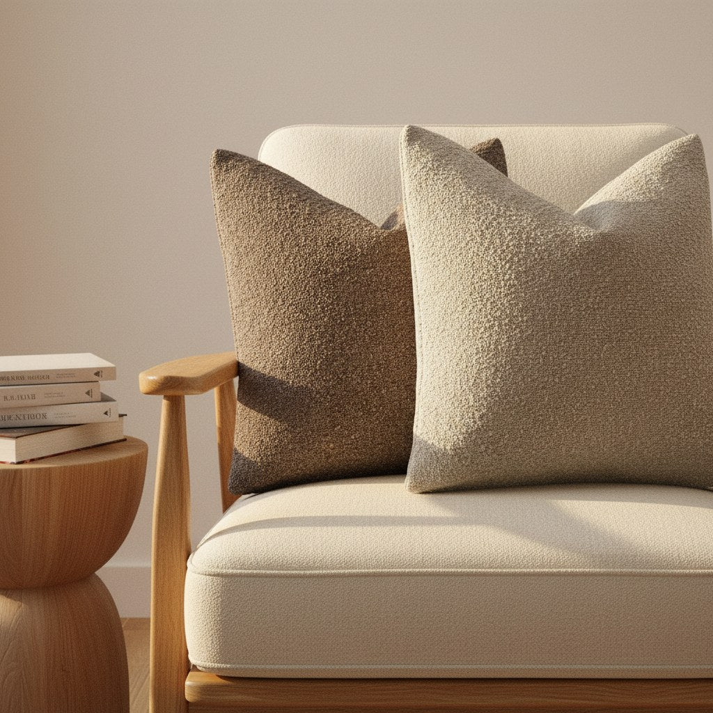 Housses de coussin bouclette chocolat et avoine dans un fauteuil en bois