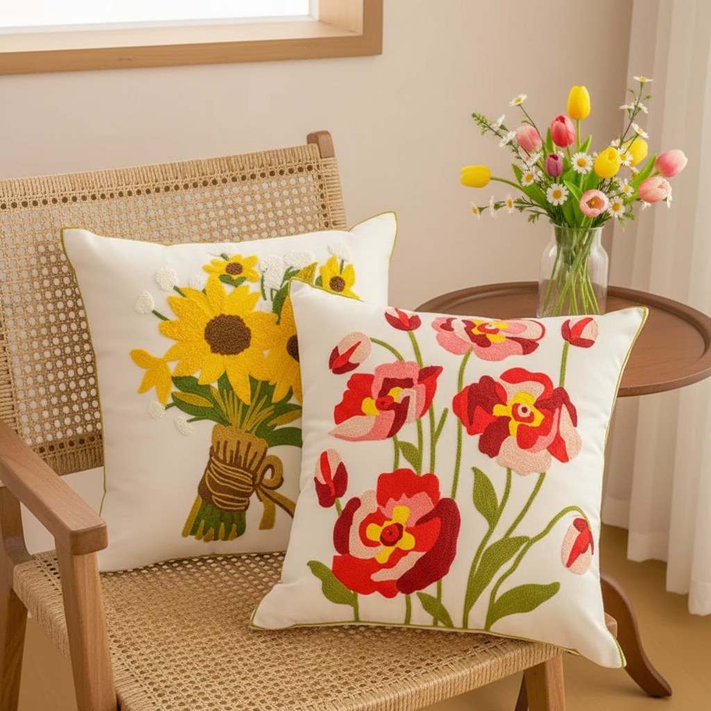 Housses de coussin brodées bouquet de tournesols et coquelicots dans un fauteuil en rotin