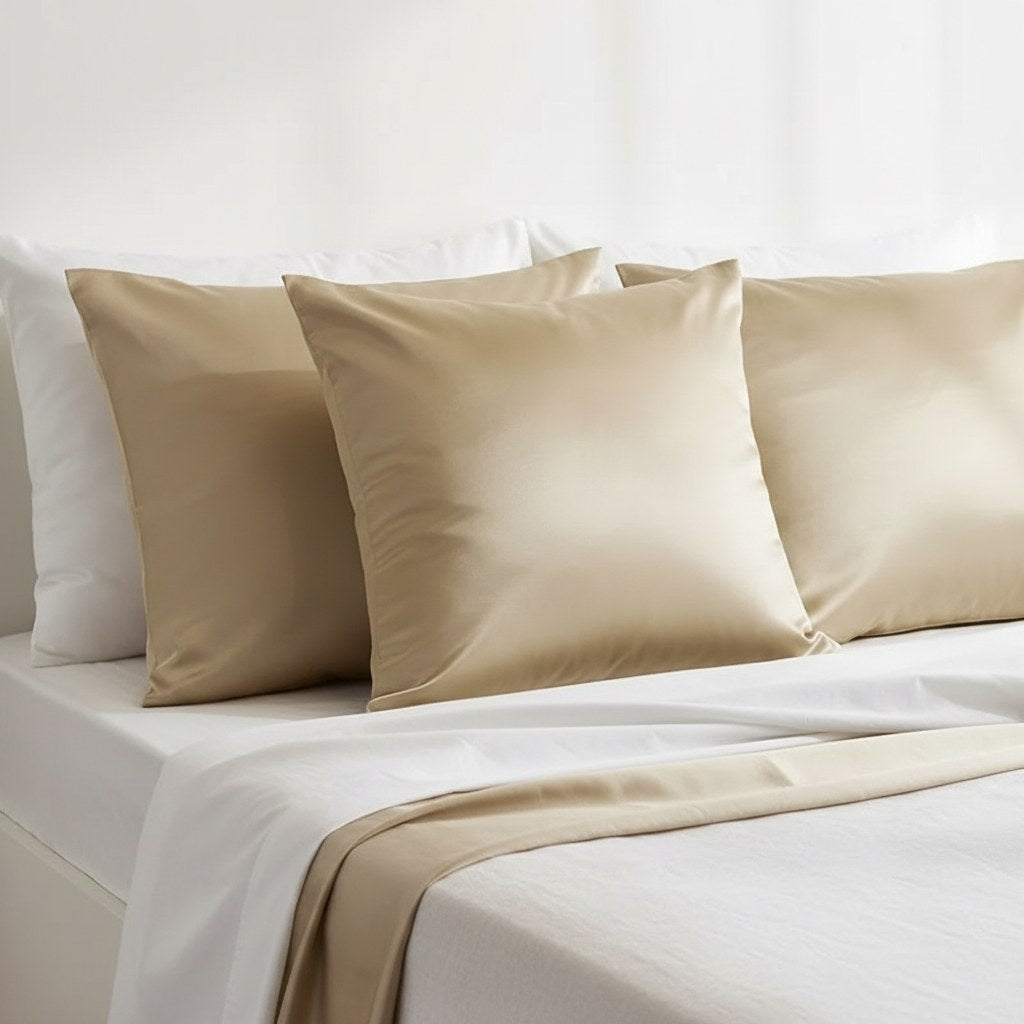 Housses de coussin effet soie en satin champagne sur un lit blanc