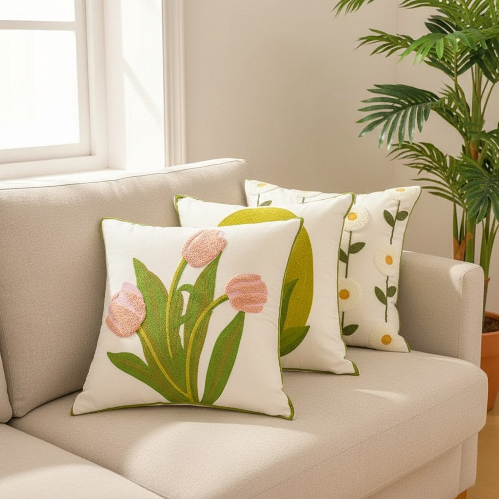 Housses de coussin fleuries brodées tulipes, muguet et marguerites sur un canapé