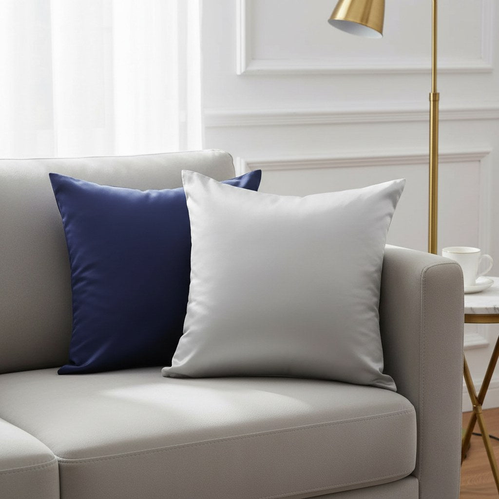 Housses de coussin en satin bleu nuit et gris argent sur un canapé gris