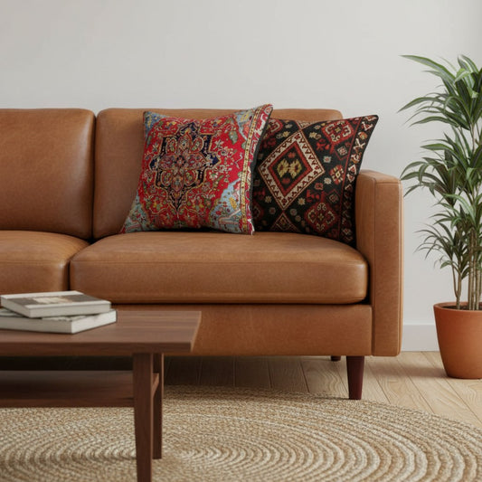 Housses de coussin vintage motif tapis persan et kilim sur un canapé en cuir cognac