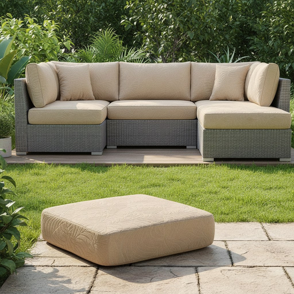 Salon de jardin d'angle en résine tressée, coussins habillés de housses extensibles sable