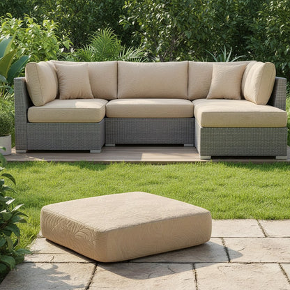 Salon de jardin d'angle en résine tressée, coussins habillés de housses extensibles sable