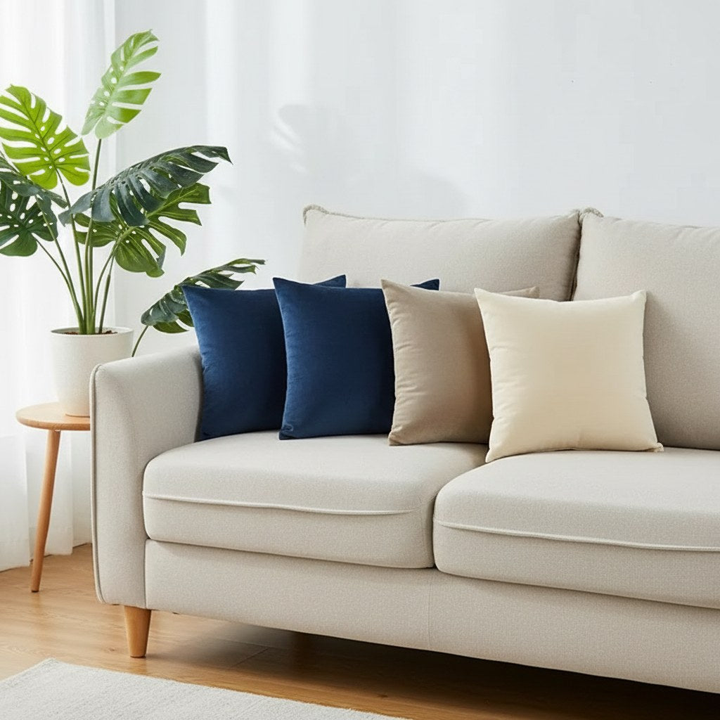 Housses de coussin en velours bleu marine, taupe et crème sur un canapé dans un salon lumineux