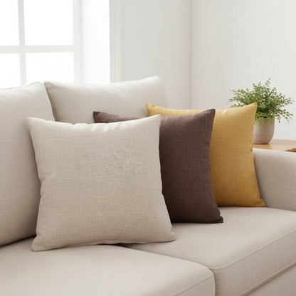 Housses de coussin texture lin crème, café et or sur un canapé beige