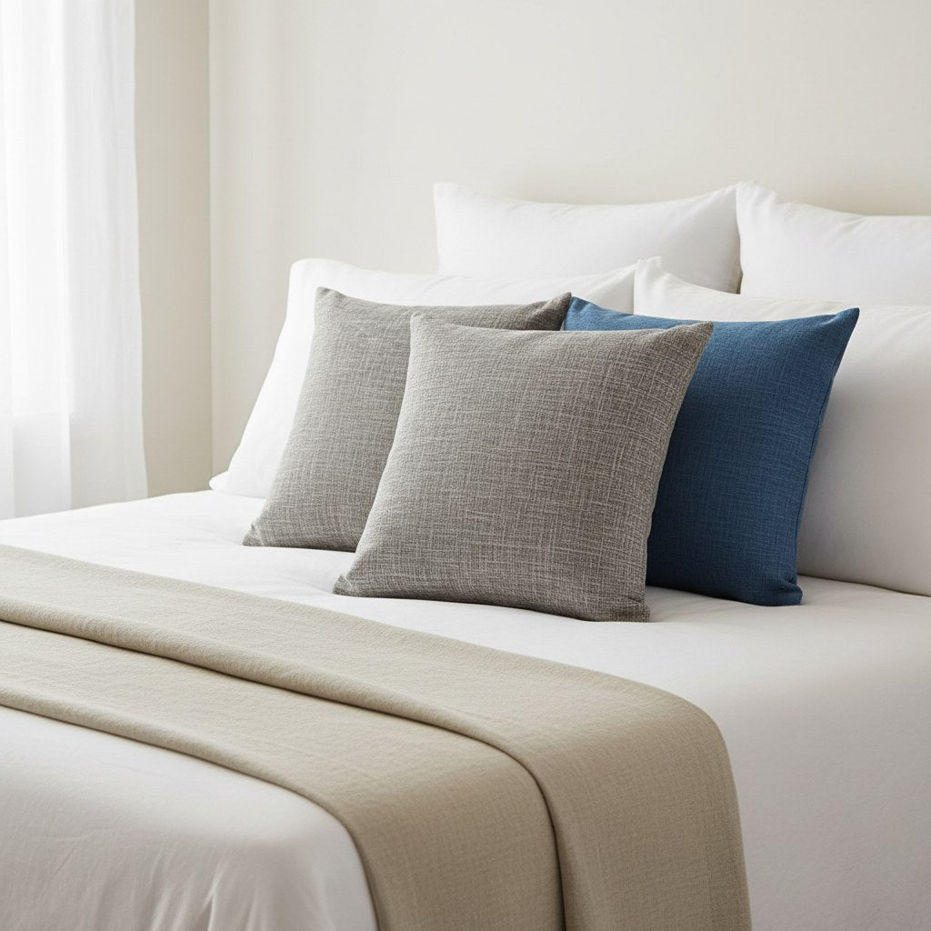 Housses de coussin texture lin grise et bleue devant les oreillers d'un lit