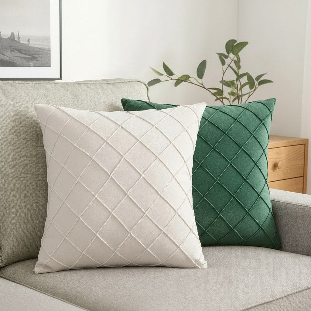 Housses de coussin en velours à losanges plissés crème et vert sur un canapé