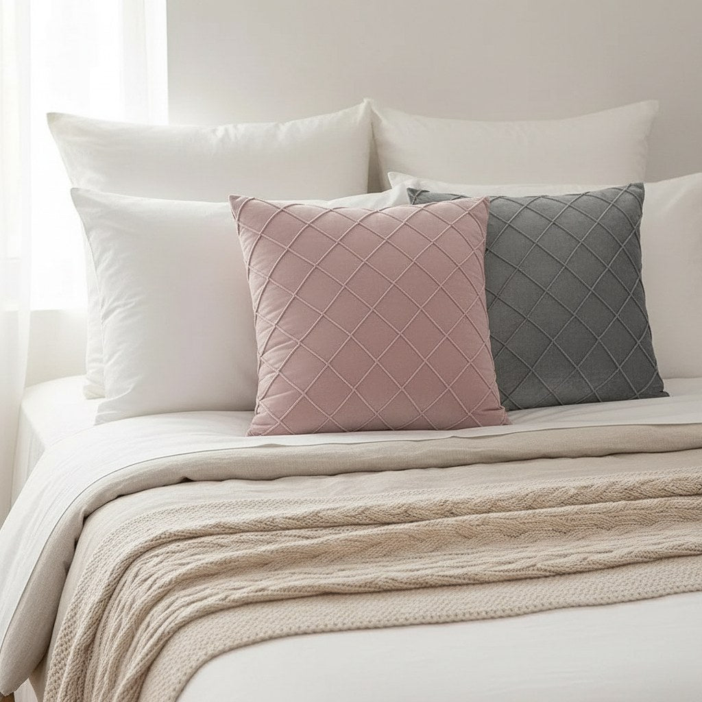 Housses de coussin en velours rose et gris à losanges plissés sur un lit